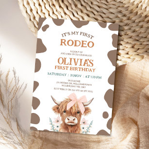Invitación Vaca Highland Marrón Rústica Primera Rodeo Cumplea