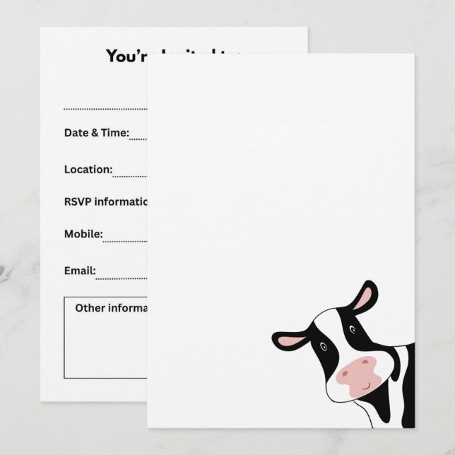 Invitación Vaca, linda vaca, animal (Anverso / Reverso)