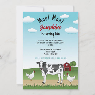 Invitación Vaca Negra Blanca Y Gallinas Granja Corral Cumplea