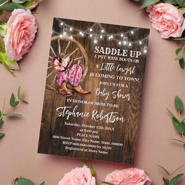 Invitación Vaca occidental llega al Baby Shower rosado de pue (Subido por el creador)