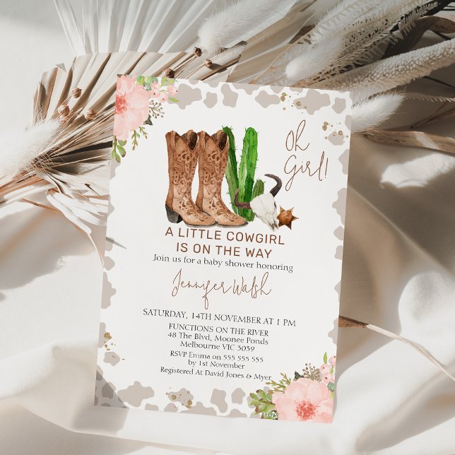 Invitación Vaca rosa Floral Imprimir pequeña niña bebé ducha (Cowgirl Baby Shower Invitation Template, Wild West Little Cowgirl Invite, Western Themed, Rodeo
)