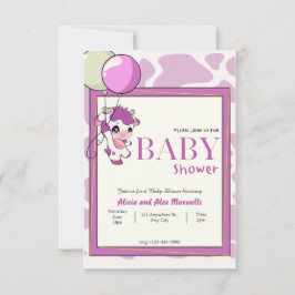 Invitación Vaca rosa morada con ducha de bebé con globo