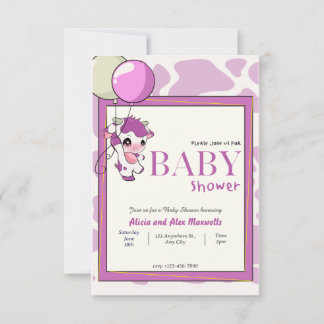 Invitación Vaca rosa morada con ducha de bebé con globo