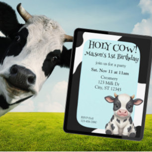 Invitación Vaca Sagrada, azul, cumpleaños 1 de vaca