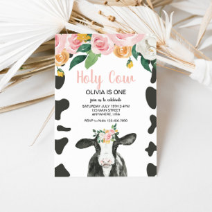 Invitación Vaca Sagrada Cumpleaños Floral de Cuadros Rosas Un