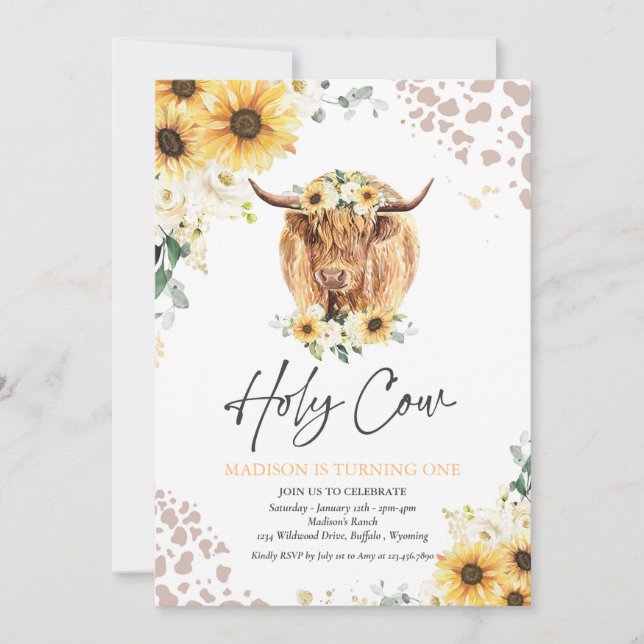 Invitación Vaca sagrada de girasol Soy un cumpleaños de vaca  (Anverso)