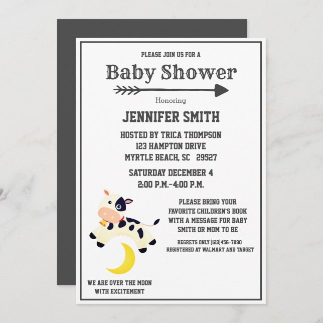 Invitación Vaca Saltó Sobre El Baby Shower De La Enfermería D (Anverso / Reverso)
