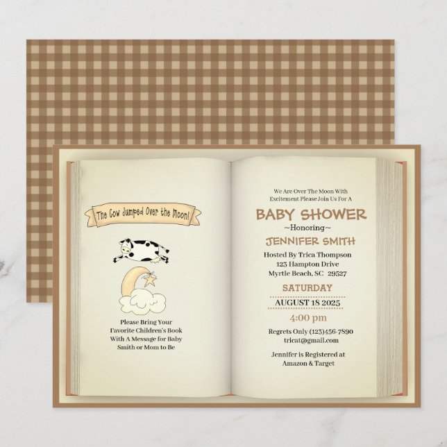 Invitación Vaca saltó sobre el Baby Shower digital de la luna (Anverso / Reverso)