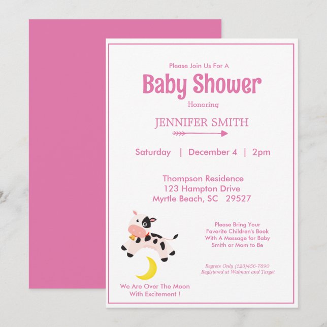 Invitación Vaca Saltó Sobre El Baby Shower Pink De La Enferme (Anverso / Reverso)