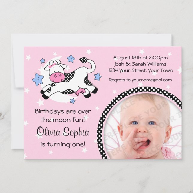 Invitación Vaca sobre cumpleaños de la foto del bebé de la (Anverso)