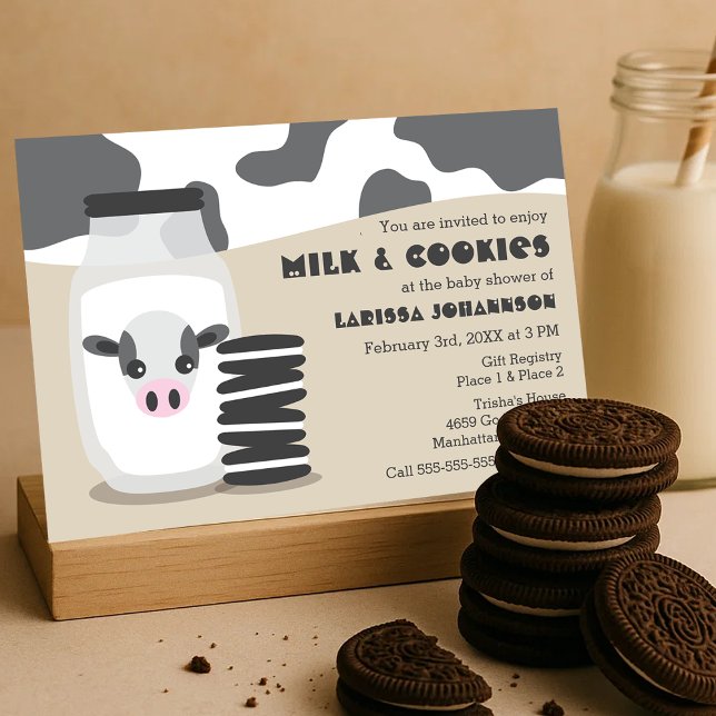 Invitación Vaca y leche y galletas beige Baby Shower (Cute Cow and Milk and Cookies Beige Baby Shower Invitation )