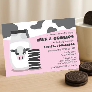 Invitación Vaca y leche y galletas rosadas Baby Shower