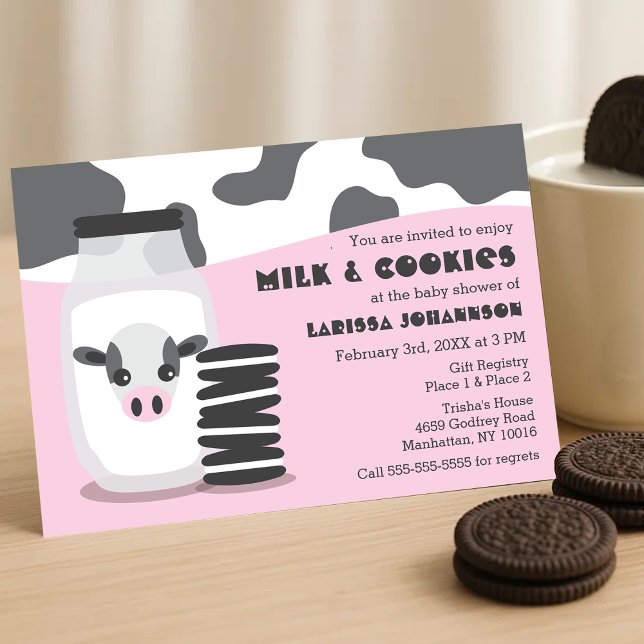 Invitación Vaca y leche y galletas rosadas Baby Shower (Cute Cow and Milk and Cookies Pink Baby Shower Invitation)