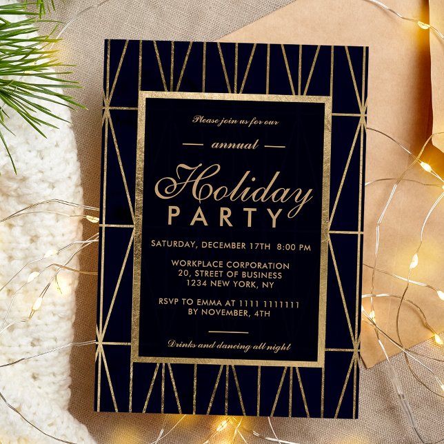 Invitación Vacaciones corporativas de invierno azul marino ge (Gold geometric navy blue winter corporate holiday invitation)