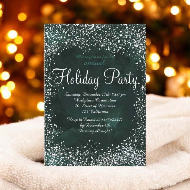 Invitación Vacaciones corporativas sobre la nieve del bosque  (Green forest snow watercolor corporate holiday invitation)