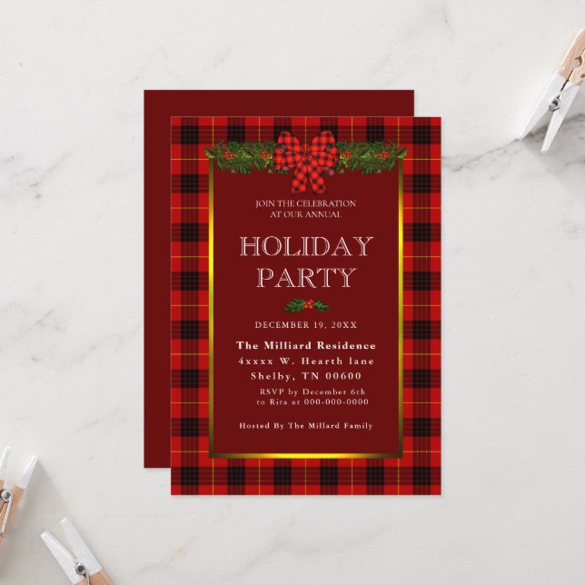 Invitación Vacaciones De Buffalo Plaid Y Garland (Anverso/Reverso In Situ)