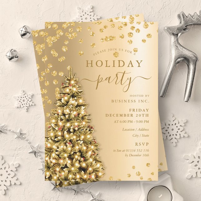Invitación Vacaciones de la Compañía de Invierno del Árbol de (Gold Christmas Tree Winter Company Holiday Invitation)