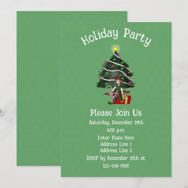 Invitación Vacaciones de Navidades actuales de árbol elfo cúb (Anverso / Reverso)