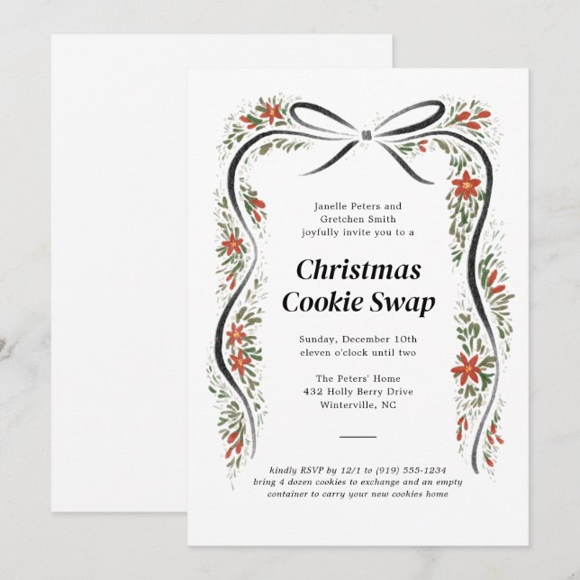 Invitación Vacaciones de Navidades de Black Bow y Poinsettias (Anverso / Reverso)