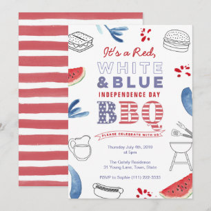 Invitación Vacaciones estadounidenses BBQ Fiesta Azul Blanco