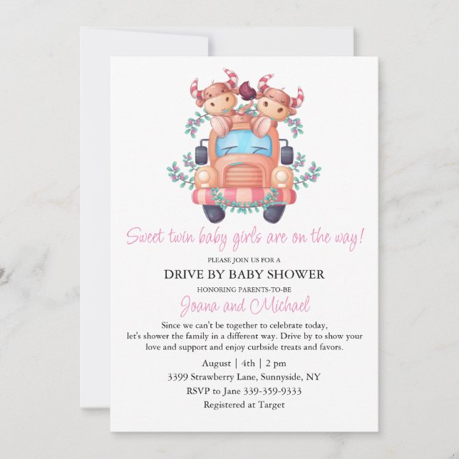Invitación Vacas Rosadas Chicas Gemelos De Coche Rosado Condu (Anverso)