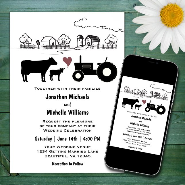 Invitación Vacas y Boda de granja de campo de tractores (Subido por el creador)
