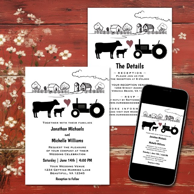 Invitación Vacas y la granja de tractores en un solo Boda (Cows and Tractor Country Farm All in One Wedding Invitation
)