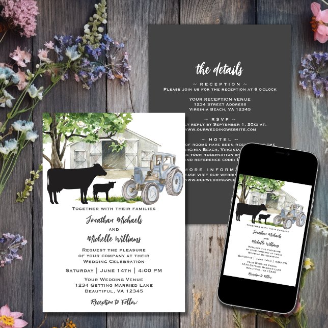 Invitación Vacas y la granja de tractores en un solo Boda (Printed and Digital - Cows and Tractor Country Farm All in One Wedding Invitation)
