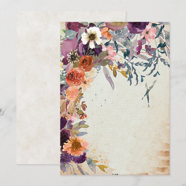 Invitación Vacío floral de acuarela mixta de otoño (Anverso / Reverso)