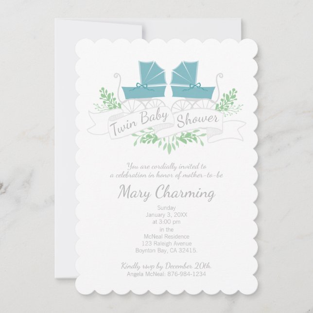 Invitación vagón vintage gemelo BABY SHOWER param azul (Anverso)