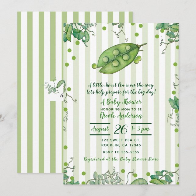Invitación Vaina de guisante verde rayado Baby Shower (Anverso / Reverso)
