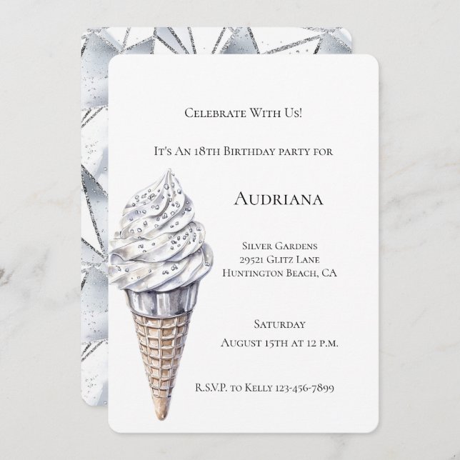 Invitación Vainilla Plata Confetti Helado Crema Cono Cumpleañ (Anverso / Reverso)