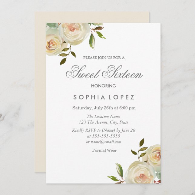 Invitación Vainilla Rosas de Crema Blanca Elegante dulce 16 F (Anverso / Reverso)