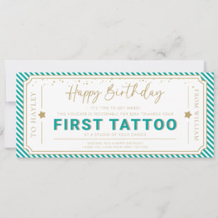 Invitación Vale de regalo de cumpleaños de primer tatuaje Aqu