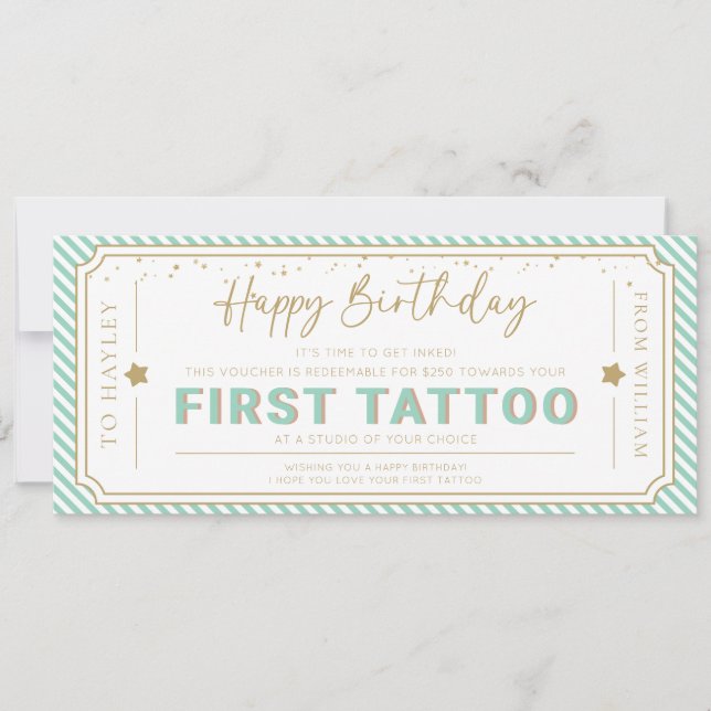 Invitación Vale de regalo de cumpleaños para primer tatuaje e (Anverso)