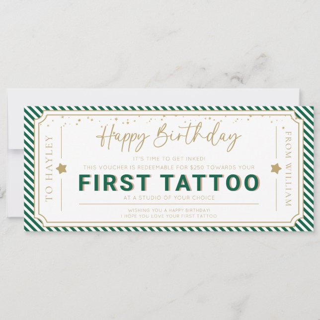 Invitación Vale de regalo de cumpleaños para primer tatuaje V (Anverso)