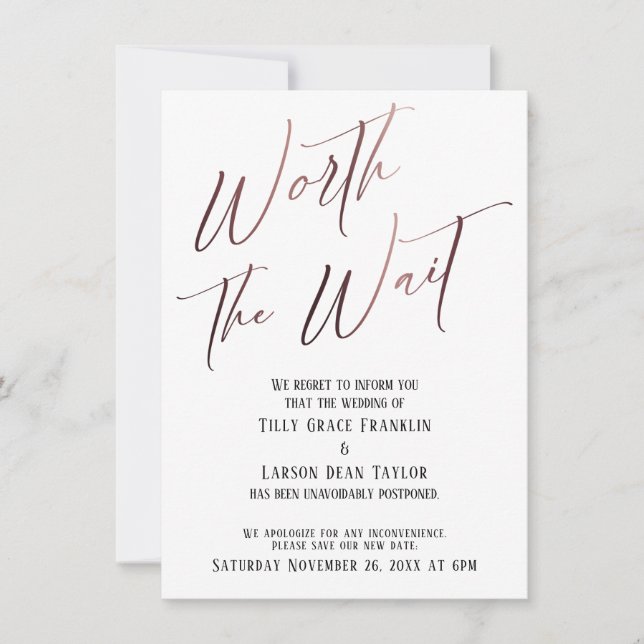 Invitación Vale la pena la espera pospuesta Boda Rosa Oro (Anverso)