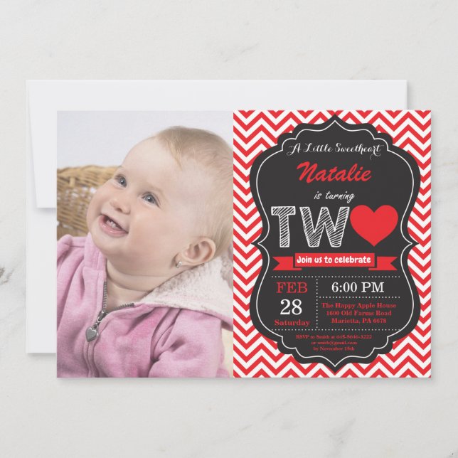 Invitación Valentín 2do Segundo Cumpleaños Pequeño Corazón (Anverso)
