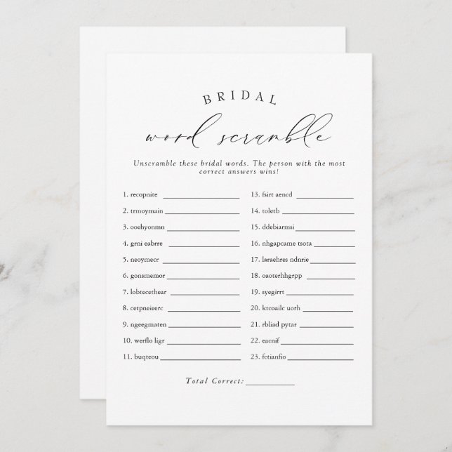 Invitación VALENTINA Elegante Script Bridal Word Scramble Jue (Anverso / Reverso)
