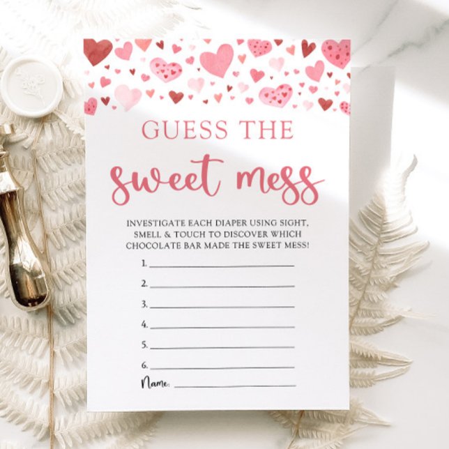 Invitación Valentine adivina el juego de Baby Shower Sweet Me (Watercolor Cute Pink Red Hearts Valentine Sweetheart Baby Girl Guess the Sweet Mess Baby Shower Game)