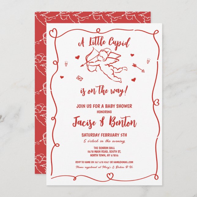 Invitación Valentine Baby Shower Cupid Red Boy Love (Anverso / Reverso)
