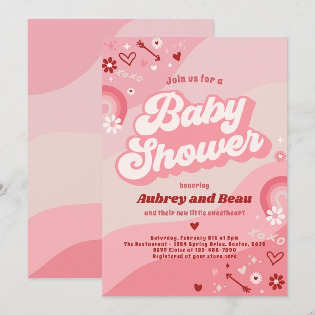 Invitación Valentine Baby Shower Groovy Baby Love Baby Shower (Anverso / Reverso)