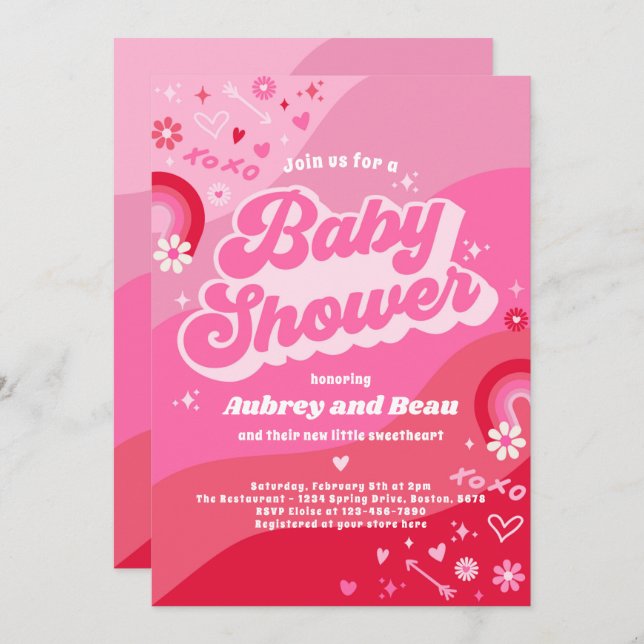 Invitación Valentine Baby Shower Groovy Baby Love Baby Shower (Anverso / Reverso)