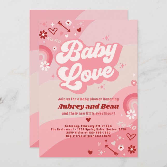 Invitación Valentine Baby Shower Groovy Baby Love Baby Shower (Anverso / Reverso)