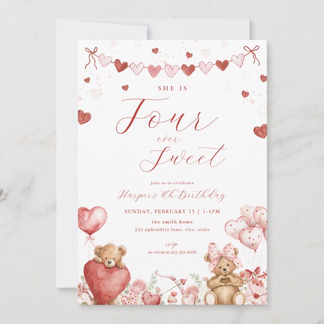 Invitación Valentine Bear Four Ever Sweet 4th Birthday Invite (Anverso)