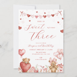 Invitación Valentine Bear Hearts Sweet Third Birthday Invite
