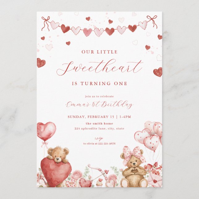 Invitación Valentine Bear Little Sweetheart Birthday Invite (Anverso)