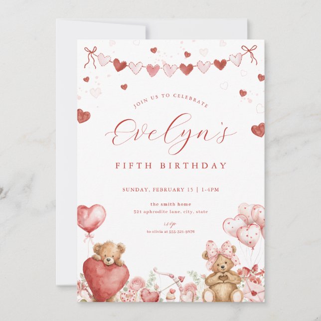 Invitación Valentine Bear Sweetheart Hearts Birthday Invite (Anverso)