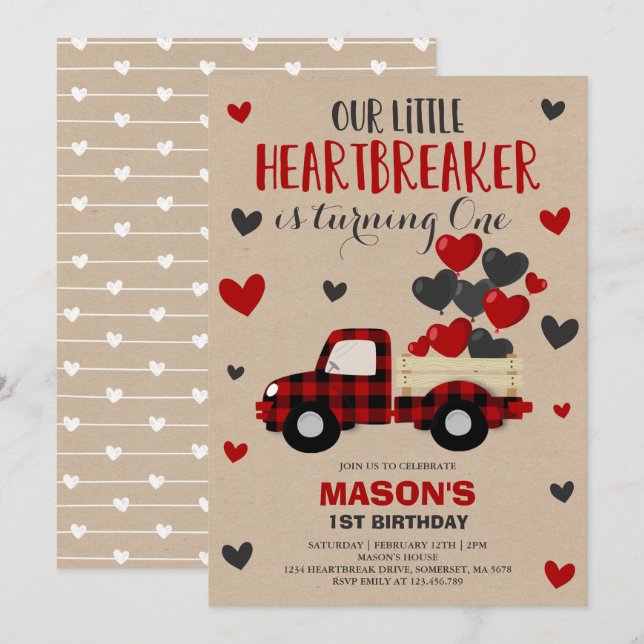 Invitación Valentine Birthday Invite a Heartbreaker Plaid Tru (Anverso / Reverso)