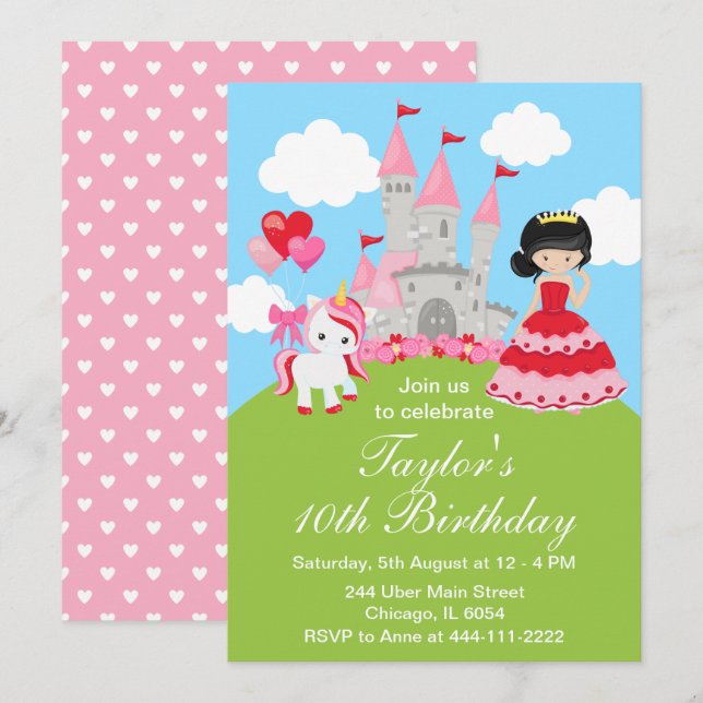 Invitación Valentine Black Hair Princess Unicorn Cumpleaños (Anverso / Reverso)
